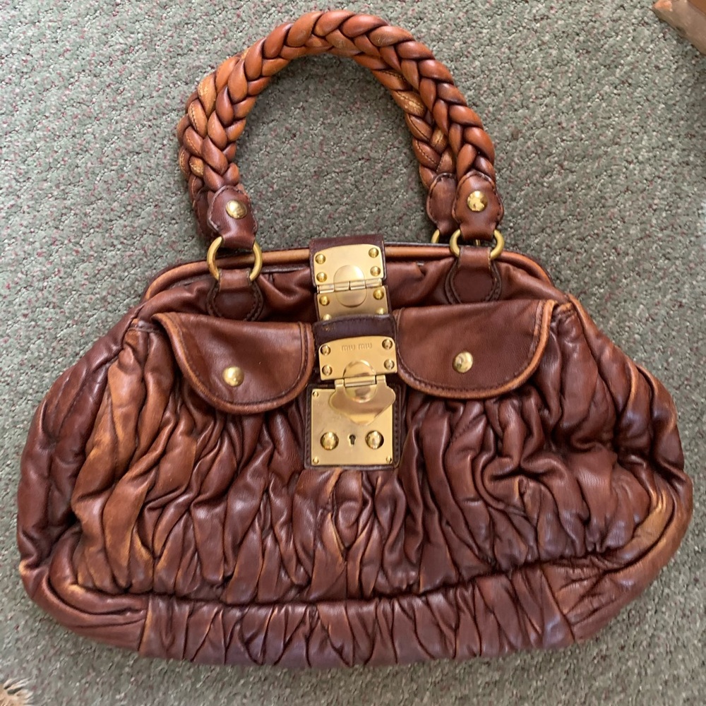 Miu Miu Matelasse Frame Tote Brown Leather Satchel